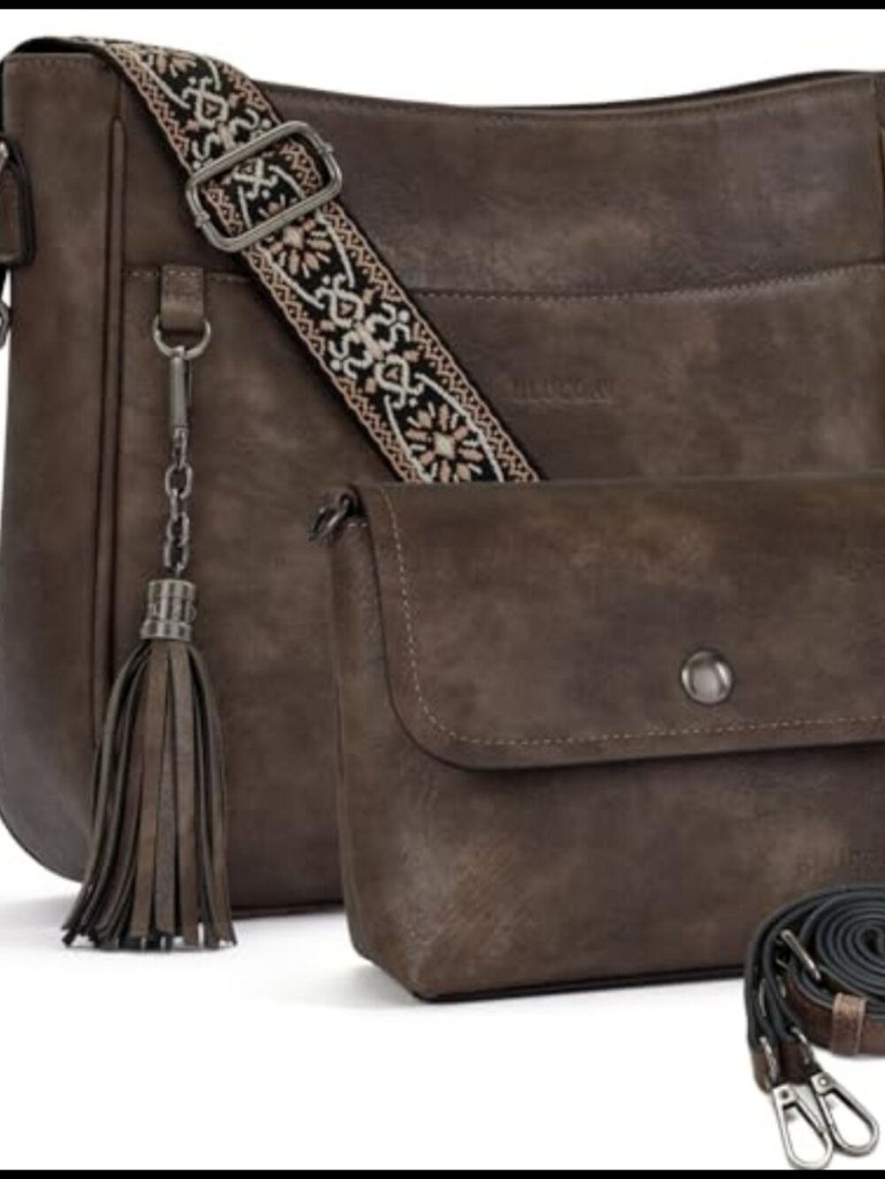 Vegan Leather Crossbody Bag Set 2PCS Hobo Purse with Detachable Wide Strap